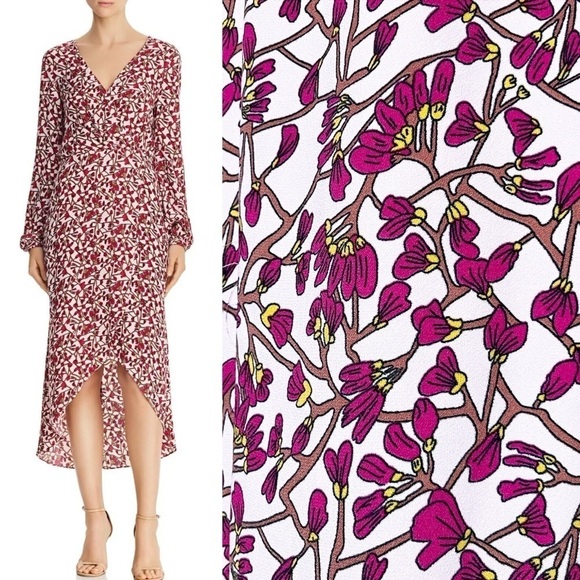 Jay Godfrey Kareem Faux Wrap Midi Dress 2 pink floral long sleeve flowy high low - Picture 1 of 14